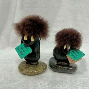 Vintage Pair of Droops Ireland Hand Made Stone Figures with Shag Fur Hair